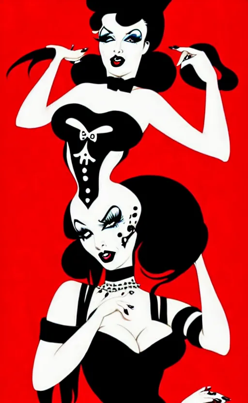 Image similar to goth girl with a detailed face and black hair, burlesque psychobilly, rockabilly, punk, white background, vector art, illustration by frank frazetta