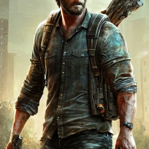 Image similar to chris hemsworth as joel miller in the last of us, au naturel, hyper detailed, digital art, trending in artstation, cinematic lighting, studio quality, smooth render, unreal engine 5 rendered, octane rendered, art style by klimt and nixeu and ian sprigger and wlop and krenz cushart