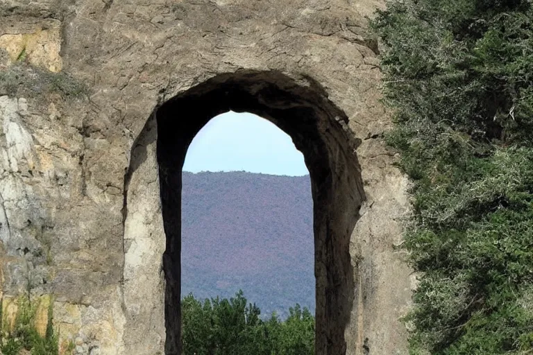 Prompt: 📷 A gorgeous looking nature scene seen through an arch of stone