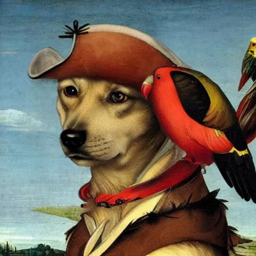 Image similar to a pirate dog with a parrot on it's shoulder, renaissance painting, wide view