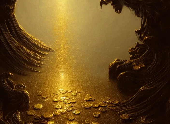 Image similar to heaven, gold coins as rain, beautifully, fantasy, dramatic, intricate, elegant, highly detailed, digital painting, artstation, concept art, smooth, sharp focus, illustration, art by Gustave Dore, octane render