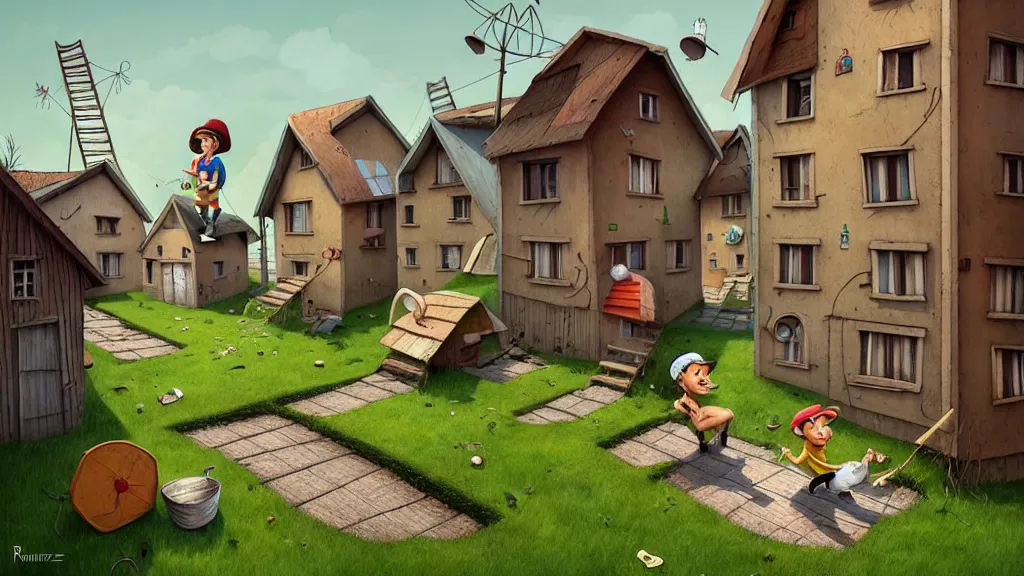 Prompt: illustration cartoon el chavo del ocho cute low - income housing complex village, funny gediminas pranckevicius by roberto gomez bolanos