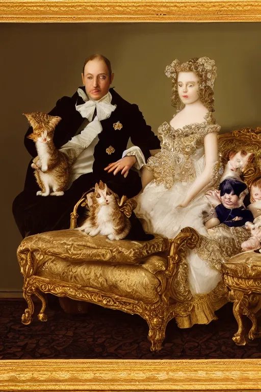 Image similar to a portrait of a royal cat and his family, on an embroidered velvet cushion on a neo - rococo gilded little bed, by yousuf karsh, photorealistic, photography, wide shot