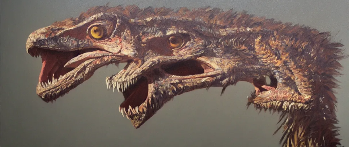 Image similar to oil painting of a velociraptor on canvas, by James gurney, realism, warm lighting, award winning, high detail, professional, volumetric lighting