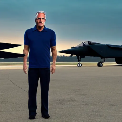 Image similar to aesthetic illustration of jeffrey epstein, wearing a dark blue polo shirt, standing near predator unmanned combat aircraft on an empty runway at dusk, cinematic lighting, high detail, volumetric lights, pinterest wallpaper, trending on artstation