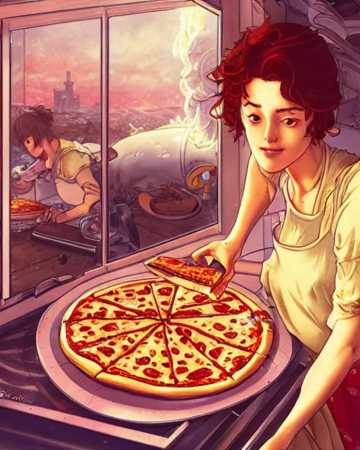 Image similar to a girl cooking a pizza, full shot, visible face, ambient lighting, detailed, art by ayami kojima, makoto shinkai, kilian eng