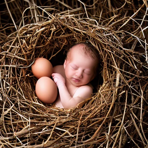 Image similar to a baby human hatching out of an egg in a nest, photography, award winning, 8 k, national geographic channel, discovety channel