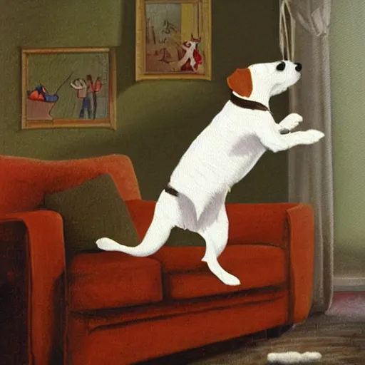 Prompt: a parson russell terrier jumping onto furniture, children's illustration