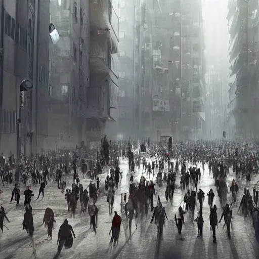 Image similar to hordes of drone-like people aimlessly walking around a depressing dystopian cityscape , trending on artststion, hyper realistic, surreal, melancholic, 8k, upscaled