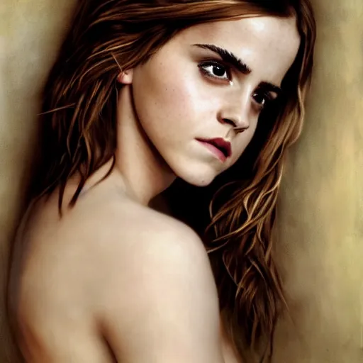 Image similar to Emma Watson in a nymph costume striking a pose, naturist, portrait photography oil on canvas, intricate, portrait, 8k highly professionally detailed, HDR, CGsociety