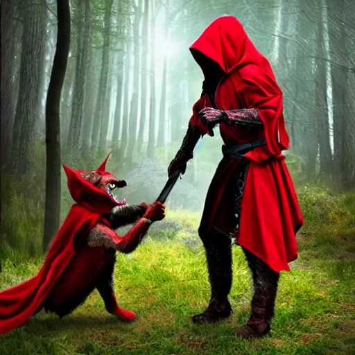 Prompt: red riding hood warrior fending off a werewolf