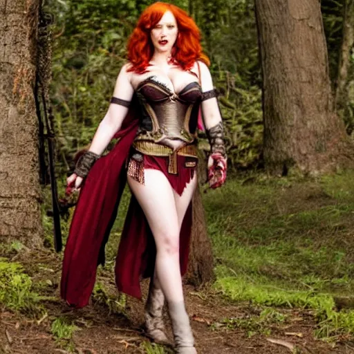 Image similar to full body photo of christina hendricks as a vampire amazon warrior