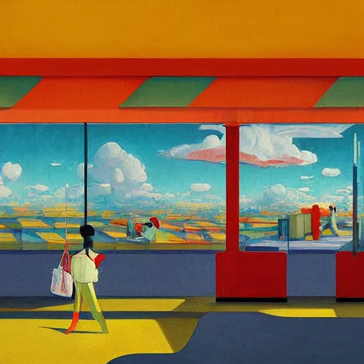 Image similar to red people with clouds at yellow blue art deco empty grocery store, open ceiling, highly detailed, painted by Francis Bacon and Edward Hopper, painted by James Gilleard, surrealism, airbrush, art by James Jean