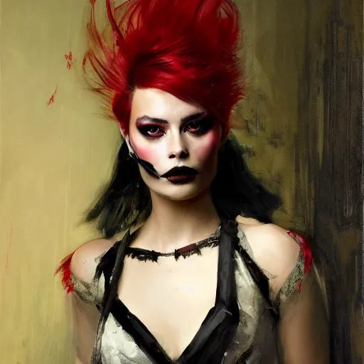 Image similar to solomon Joseph Solomon and Richard Schmid and Jeremy Lipking victorian genre painting portrait painting of a young beautiful woman Margot Robbie punk rock goth with punk rock haircut in fantasy costume, red background