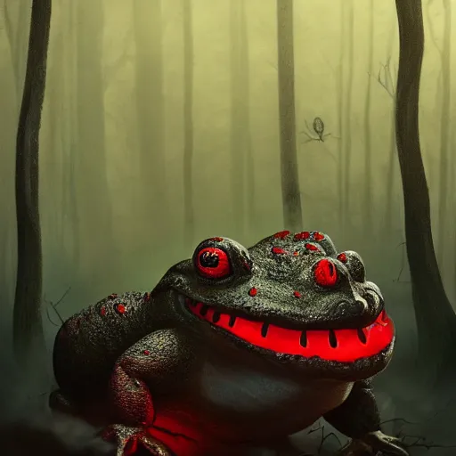 Image similar to giant evil monsterous slimy toad in the dark forest, glowing red eyes, slimy toads, dark night, midnight, foggy, atmospheric, highly detailed, hyperrealistic, gothic horror, trending on artstation, digital art, dark fantasy