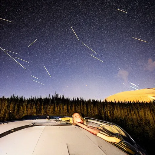 Image similar to meteors raining over alaska, people looking up in wonder, realistic, photograph