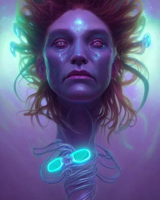 Image similar to portrait of a creepy bioluminescent monster, highly detailed, digital painting, cinematic, hyperrealism, dark retrowave, art by stanley lau and artgerm and magali villeneuve and alphonse mucha, artstation hd, octane render, cgsociety