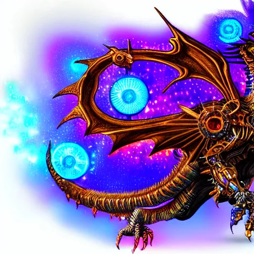 Image similar to cyberpunk dragon made of psychedelic particle effects breathing a flame of clockwork and gears, high detail, glossy finish