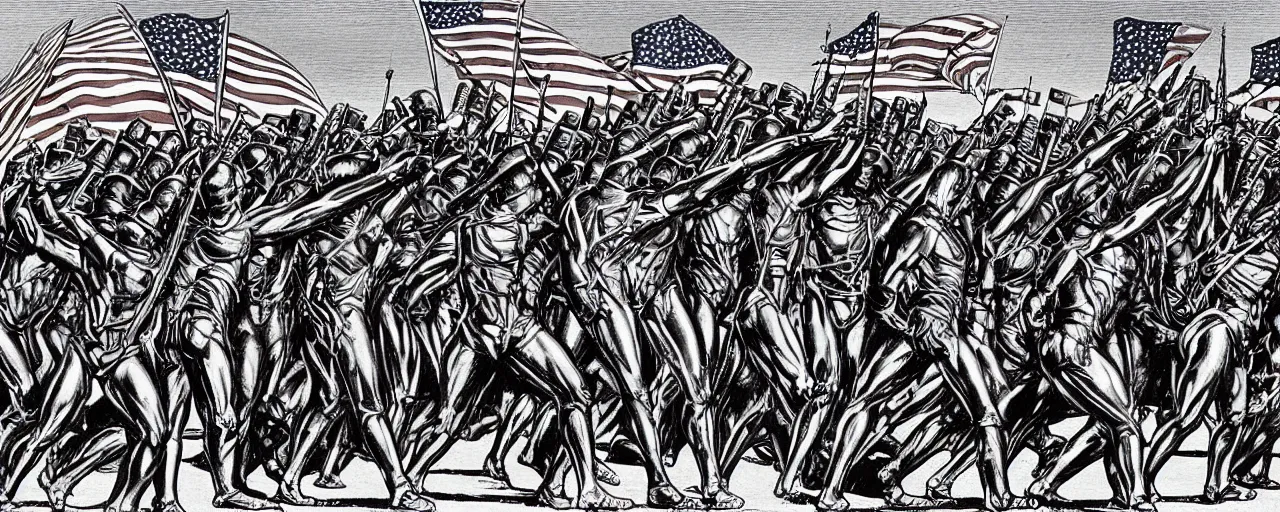 Image similar to androids raising the flag on iwo jima in the style of alex grey and hr giger