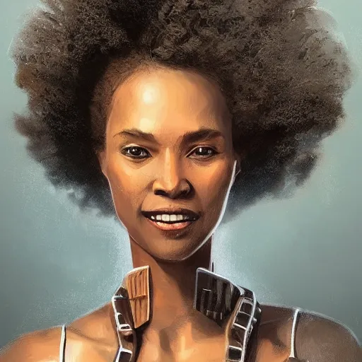 Image similar to Portrait of a woman by Greg Rutkowski, she is about 30 years old, mulato, afro hair, attractive, beautiful smile, beautiful look, she is wearing a futuristic lawyer outfit, highly detailed portrait, scifi, digital painting, artstation, concept art, smooth, sharp foccus ilustration, Artstation HQ