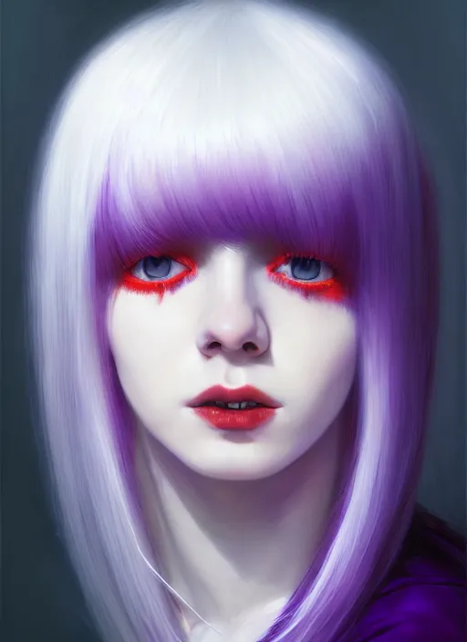 Image similar to hair whitebangs hair, black hair, whitebangs, portrait of teenage girl with white bangs, red irises, purple clothes, white bangs, bangs are different color from hair, intricate, elegant, glowing lights, highly detailed, digital painting, artstation, concept art, smooth, sharp focus, illustration, art by wlop, mars ravelo and greg rutkowski