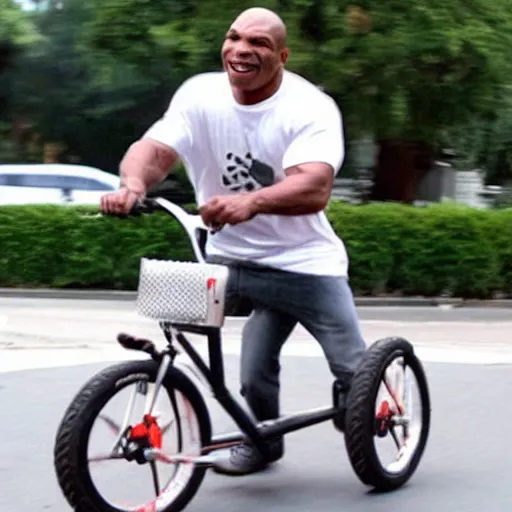 Image similar to mike tyson riding an extremely tiny bike