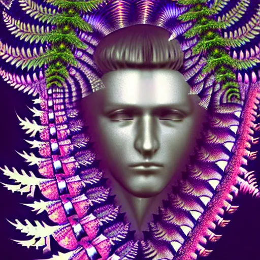 Image similar to a male knight, stern face, clear eyes, shining armour made of steel and flowers, and fractal flowery hair in a fractal garden, glowing delicate flower and ferns that grow in a dark fatansy forest,