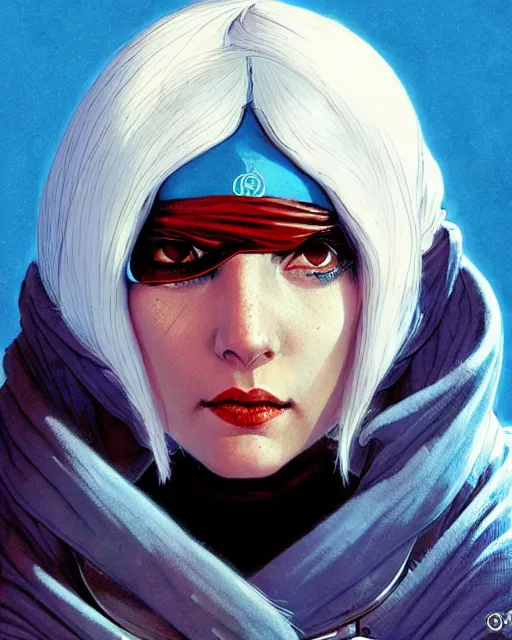 Image similar to ana from overwatch, eye patch, white hair, hooded blue cloak, character portrait, portrait, close up, concept art, intricate details, highly detailed, vintage sci - fi poster, in the style of chris foss, rodger dean, moebius, michael whelan, and gustave dore