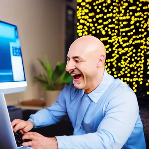 Image similar to Funny Realistic Bald Man is laughing wearing a blue suit and has a pyramidal mustache while hacking into a computer with his golden retriever, neon green glow background, hands fast typing on keyboard, matrix code background