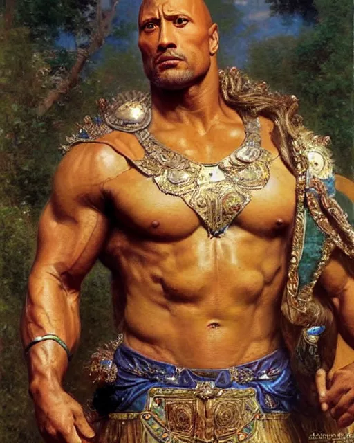 Image similar to Dwayne Johnson, dressed in ornate, detailed, intricate iridescent opal armor, detailed oil painting by William Adolphe Bouguereau and Donato Giancola