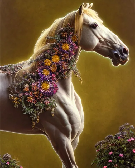 Image similar to side portrait of the horse of iridescent decay, uniquely beautiful animal, with flowers and plants, emotionally evoking symbolic metaphors, in focus, heavily gothic ornamental, intricate, elegant, highly detailed photorealistic digital painting, artstation, concept art, painterly, golden ratio, sharp focus, illustration, art by greg rutkowski and alphonse mucha,