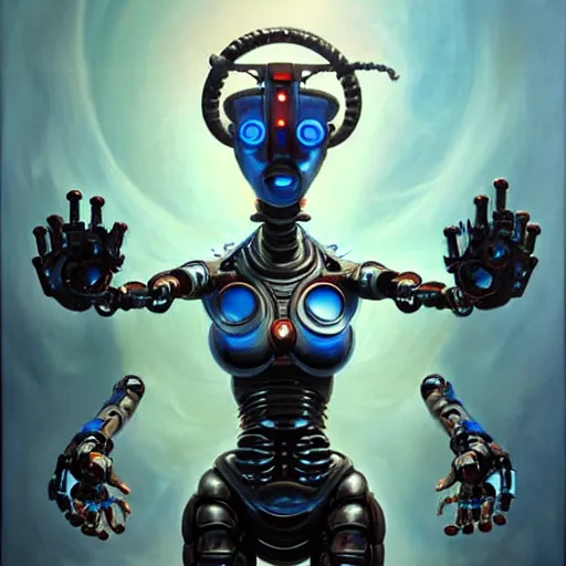 Prompt: hyper realistic mid - length art of a six - armed robot goddess holding geometric shapes, monochromatic body against a blue background. painting by greg rutkowski, scott m fischer, argerm, anne stokes, alexandros pyromallis