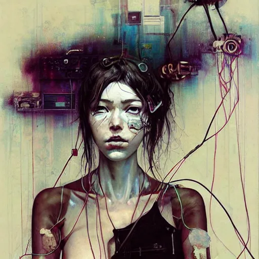 Image similar to young woman cyberpunk having her dreams stolen, wires cybernetic implants, in the style of adrian ghenie, esao andrews, jenny saville,, surrealism, dark art by james jean, takato yamamoto