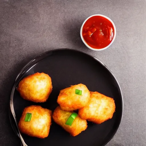 Image similar to food photo of channing tatum's face as giant tater tot on a plate with ketchup