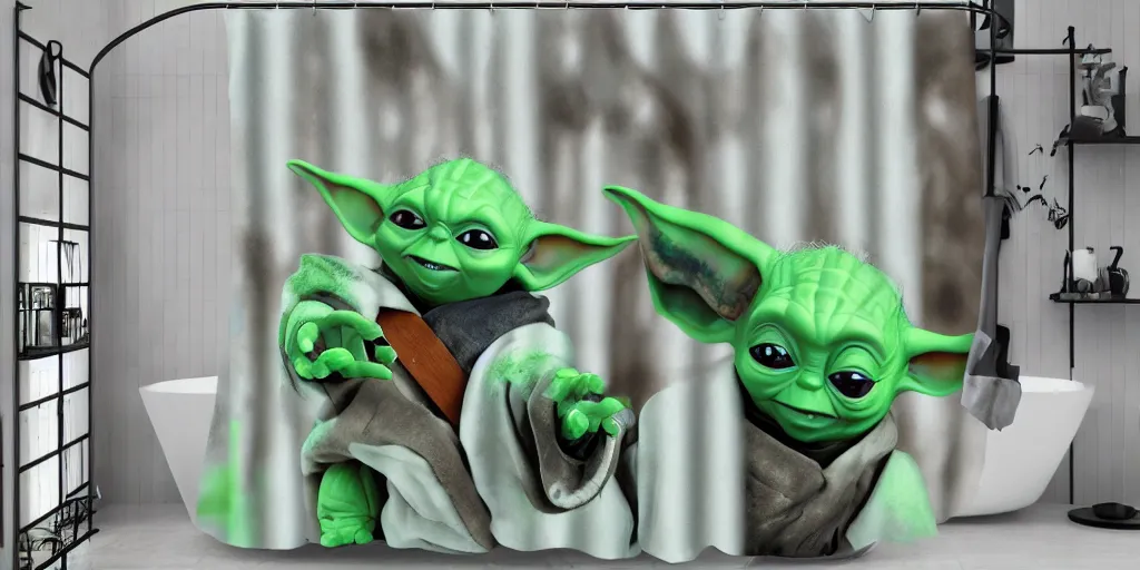 Prompt: a ( ( ( ( ( mando mandalorian ) ) ) ) ) baby yoda themed shower curtain, shower curtain. product photography. product lighting. digital art. 4 k, highly detailed. saturated. 3 d render.