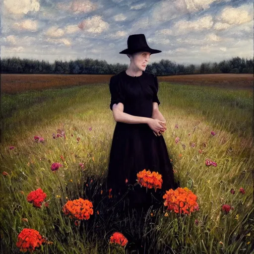 Image similar to a girl standing in a field, wearing black old dress and hat, by andrea kowch, andrea kowch style painting, dark, scene, magicrealism, flowers in background,