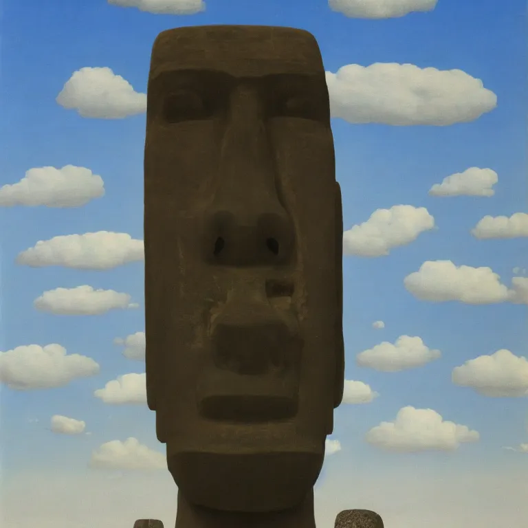 Image similar to portrait of a moai - head man in a suit, clouds in the background, by rene magritte, detailed painting, distance, middle centered, hd, hq, high resolution, high detail, 4 k, 8 k