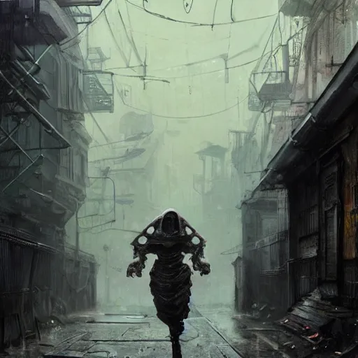 Prompt: sadie sink quickly runs by us ( in oversized hoodie ) | a massive scary robot runs to us | background : alleyway near decaying tenements. concept art for scifi dystopian film. by nikolay makovsky, bob byerley, wadim kashin, andrea kowch. cinematic moody atmosphere, detailed and intricate, perfect anatomy