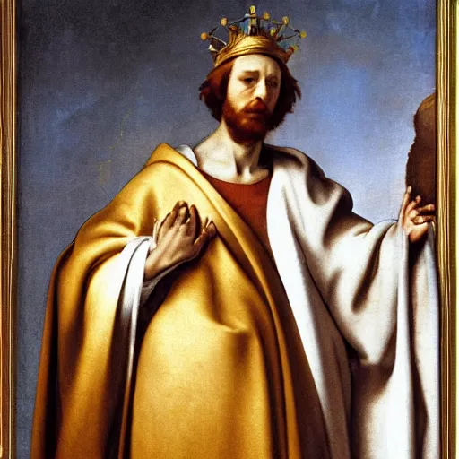 Prompt: a man wearing an white robe and hood and crown, holding golden sphere, royalty, oil painting, by Michelangelo, high detail