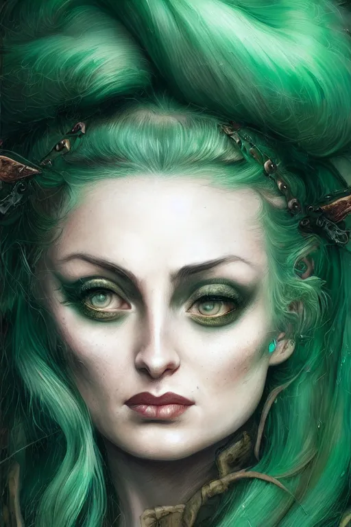 Image similar to closeup portrait shot of green hair tattooed pinup sophie turner, rogue bard, dnd, highly detailed, digital painting, artstation, concept art, soft focus, depth of field, artgerm, tomasz alen kopera, peter mohrbacher, donato giancola, wlop, boris vallejo