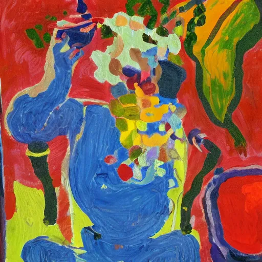 Image similar to man pouring water on head, flowers are in a pot on his head, the pot is part of his head, abstract expressionism, oil on canvas