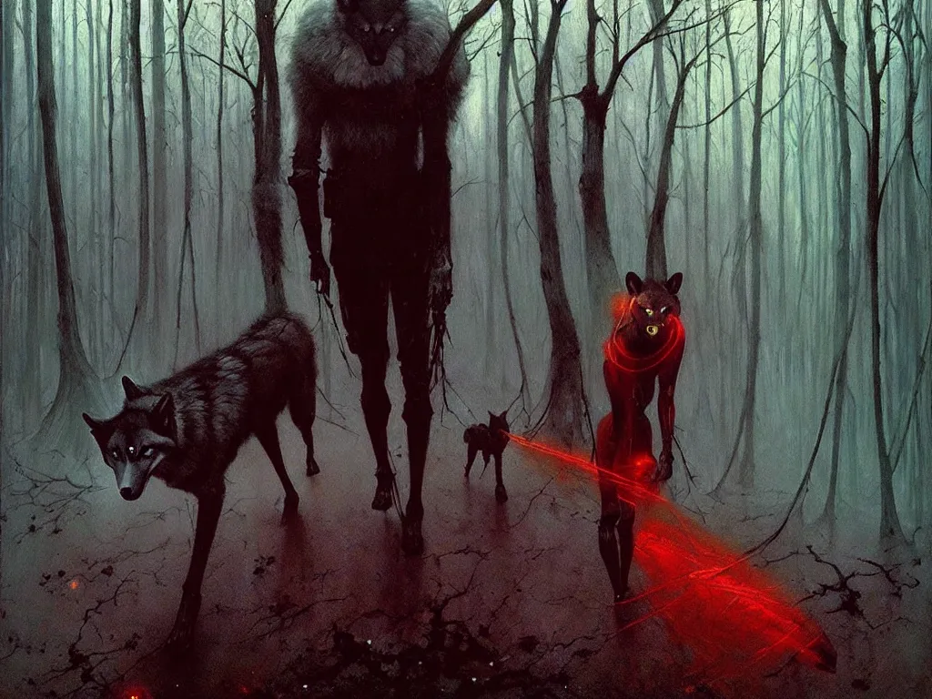 Prompt: a cyborg in mantle walking with a wolf in a deep abandoned forest, refracted lighting, art by collier, artem demura, neo - gothic, gothic, rich deep colors. beksinski painting, francis bacon, masterptiese