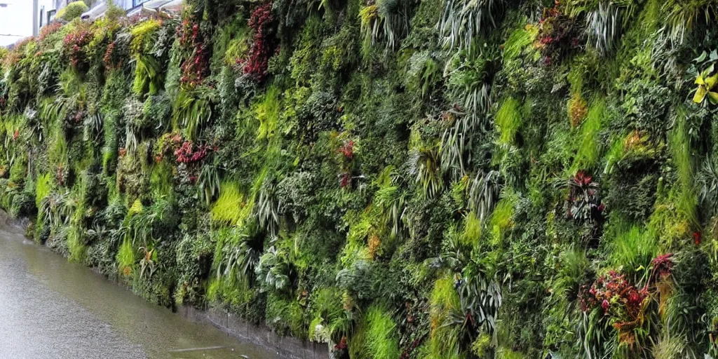 Prompt: lampton quay, wellington city, new zealand where the building walls are covered in living walls made of nz endemic plants. rainy windy day. google street view