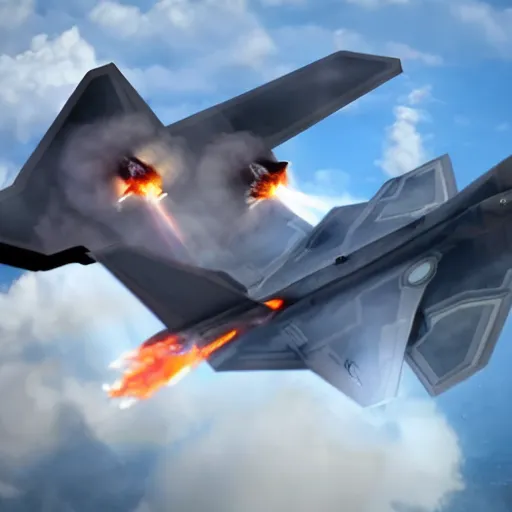 Prompt: a fire breathing dragon fighting an f - 2 2 dogfighting, exploding missiles, magic realism, smooth, sharp focus, wide shot 4 k ultra hd
