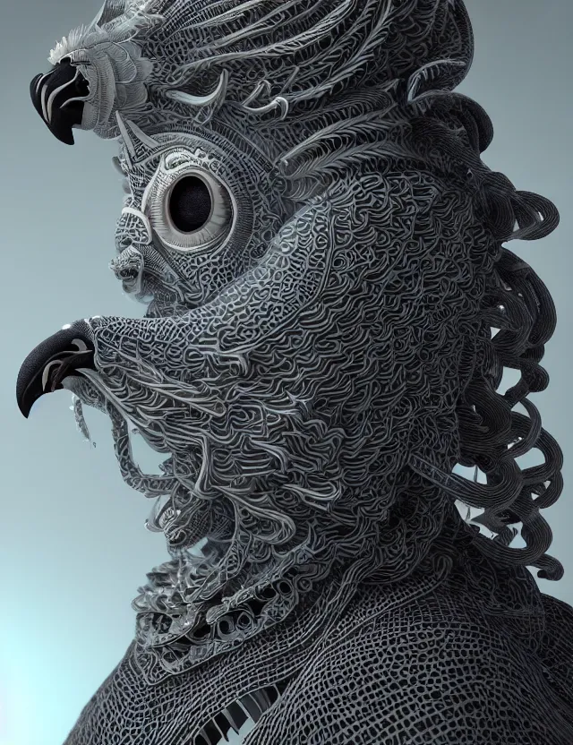 Image similar to 3 d goddess close - up profile portrait of cultist monk in hooded robe with ram skull. beautiful intricately detailed japanese crow kitsune mask and clasical japanese kimono. betta fish, jellyfish phoenix, bio luminescent, plasma, ice, water, wind, creature, artwork by tooth wu and wlop and beeple and greg rutkowski