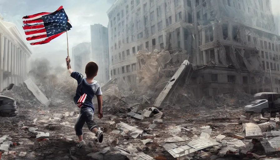 Image similar to child flying a torn american flag while running through streets of destroyed washington dc, collapsed buildings with debris and dust, hyperdetailed, artstation, cgsociety, 8 k