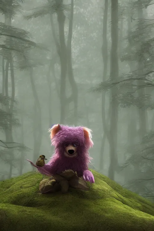 Image similar to A little furry cute monster in a misty forest, octane render, render, blender, ZBrush, 4k, 8k
