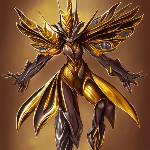 Image similar to cinematic, hyperdetailed league of legends azir armor metroid ravenbeak fanart gold armored bird wings regal gold sunray shaped crown, warframe, destiny, octane ref sheet