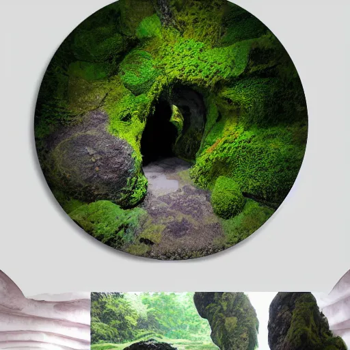 Image similar to round circular evil cave entrance from outside in center frame covered in moss and rocks, large boulders matte painting studio ghibli