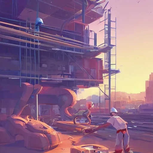 Image similar to construction site with living happy robotic construction vehicles game smooth median photoshop filter cutout vector, behance hd by jesper ejsing, by rhads, makoto shinkai and lois van baarle, ilya kuvshinov, rossdraws global illumination